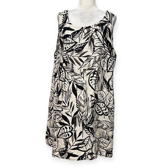 Tahari 100% Linen Sleeveless Shift Dress Plus 2X – Black White Leaf Print Resort - Picture 1 of 9